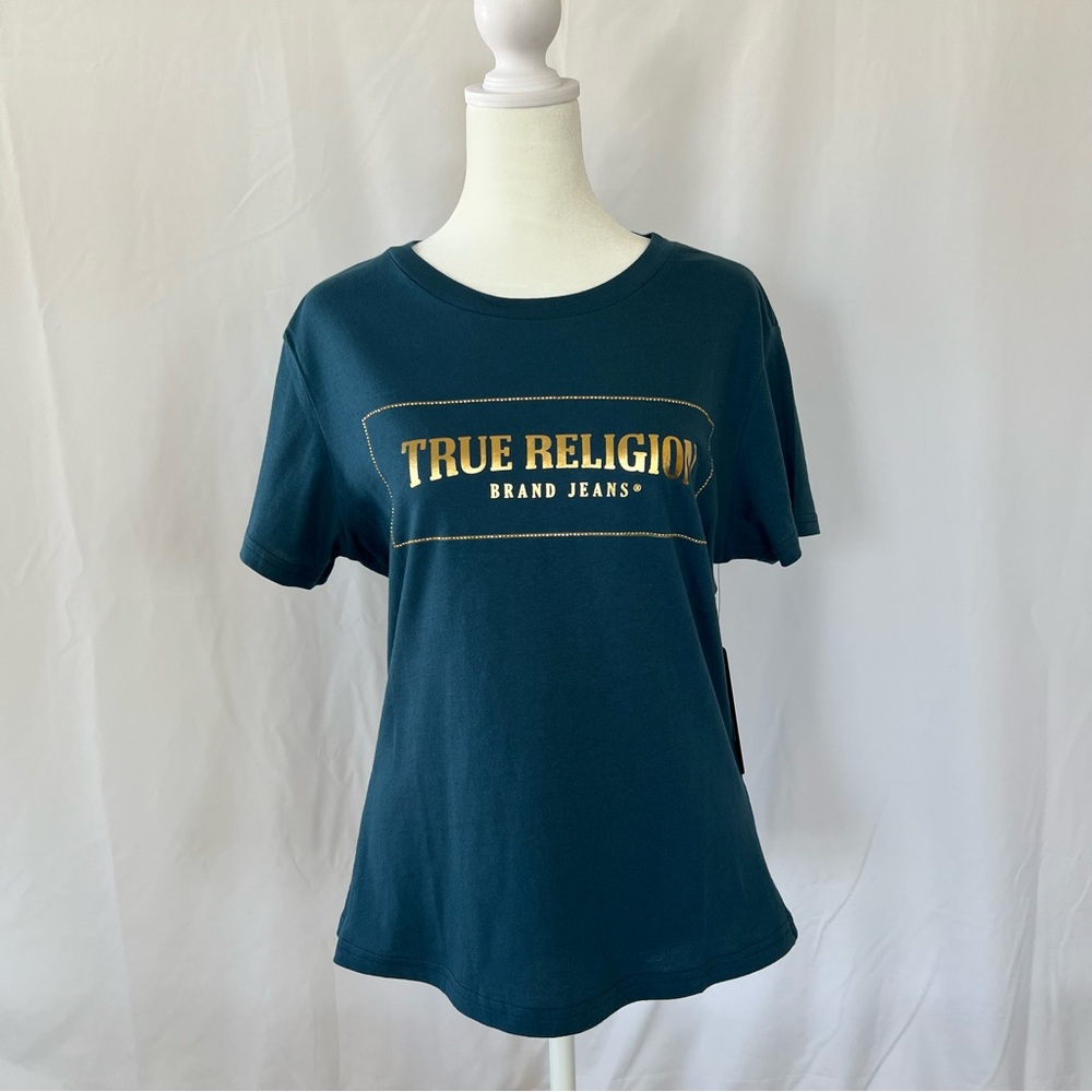 NWT True Religion Blue-Green Tee 100% cotton with Gold Logo Size L